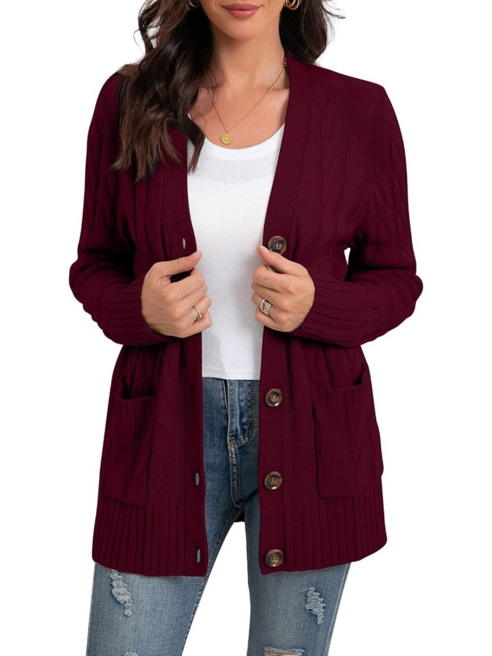 Cozy Long Sleeve Cable Knit Cardigan Sweater with Pockets for Women